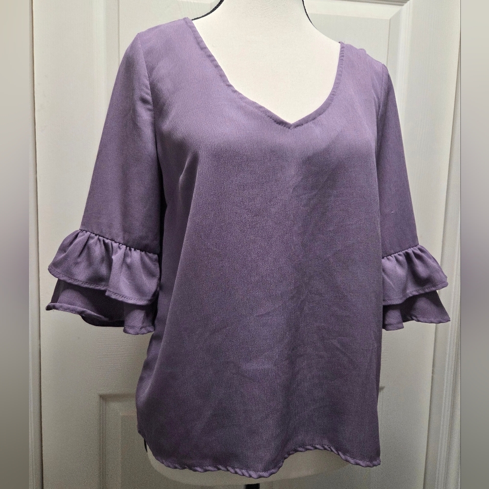 Bell Ruffle Sleeve Haute Monde Lilac Lavender Blouse Tie Back
